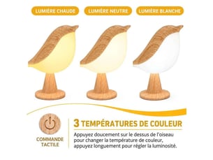 Lampe de chevet tactile sans fil rechargeable 1800mah oiseau – 3 teintes dimmable