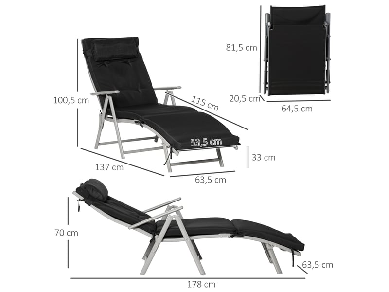  Bain de soleil tcqpz pliable 7 positions avec coussin 137 x 63,5 x 100,5 cm texteline polyester métal noir  - Conforama C