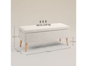 Banc coffre beige 110x39x45 cm, rembourré, aspect lin, bois d’hévéa, salon et chambre