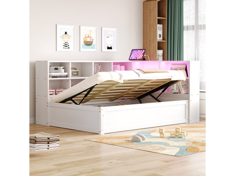 Lit banquette coffre 90 x 200 cm, coffre à relevage hydraulique, étagères de rangement, éclairage led, ports usb, pour la chambre, bois, blanc ABC - Conforama B