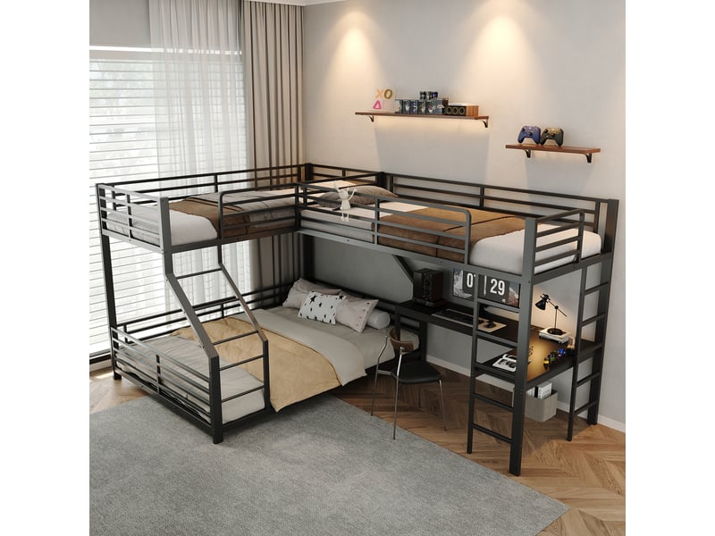 Lit superposé familial 3 couchages 90x200140x200 cm, bureau intégré, usb et usb-c, échelle et barrières, métal noir Radiant Stride - Conforama D