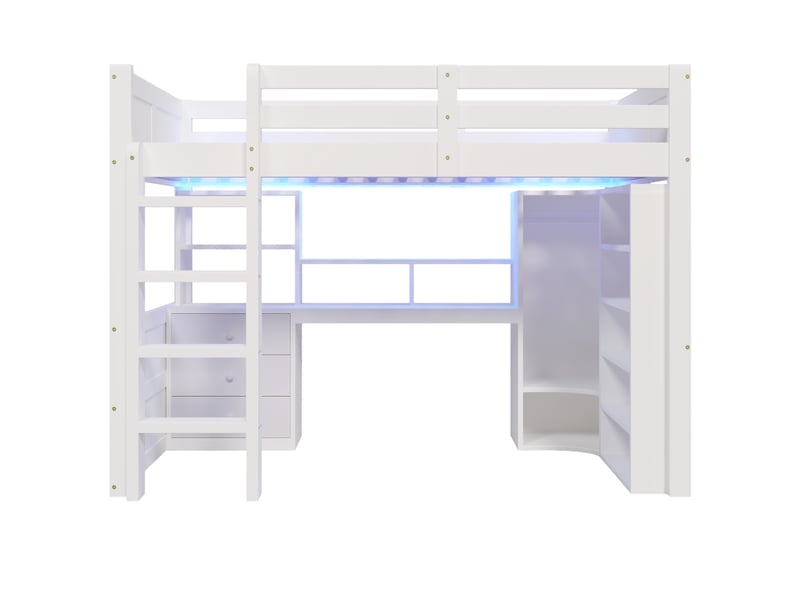  Lit mezzanine blanc 140 × 200 cm, led, armoire, bureau, tiroirs et rangements  - Conforama A
