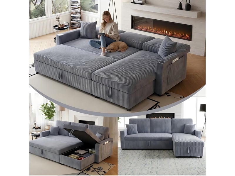  Canapé d’angle (à droite) convertible 3 places 207,5 x 142 x 84,5 cm, avec rangement, assise spacieuse et méridienne, velours côtelé, gris OMNIGLINT TRADING LTD - Conforama E
