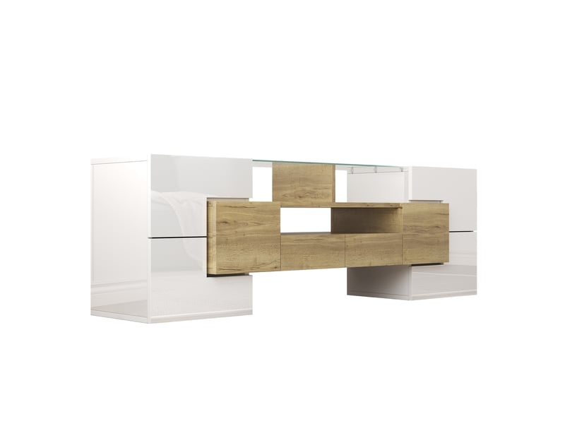  Meuble tv 145x30x51 cm avec 6 portes et 2 tiroirs, bois et blanc  - Conforama A
