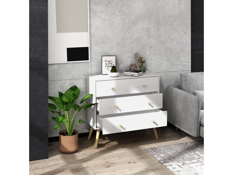  Commode 3 tiroirs avec poignées, en aggloméré et pin, pour salon et chambre, 80 x 30 x 80 cm, blanche  - Conforama D