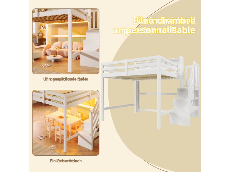 Lit mezzanine enfant 140x200 cm blanc avec éclairage led, rangement et escalier, structure en pin et mdf - Conforama E