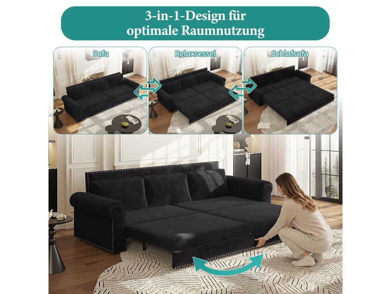  Canapé droit convertible 3 places en velours noir, 238 cm, style classique avec accoudoirs arrondis  - Conforama D