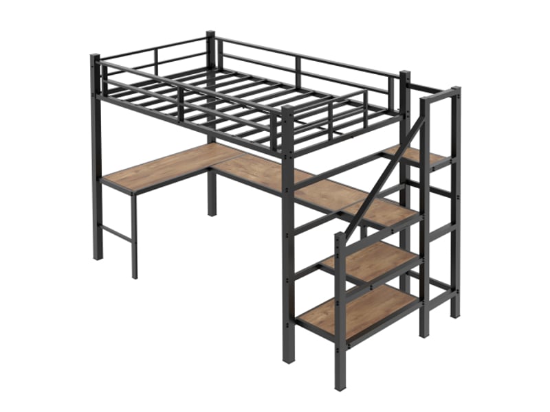  Lit mezzanine haut 90x190 cm avec bureau en l, rangement et étagères, escalier et garde-corps – gain de place  - Conforama E