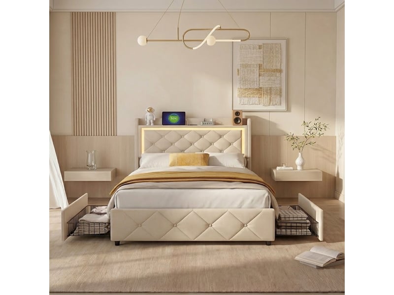  Lit simple 90x200 cm avec éclairage led et usb, lit enfant avec 2 tiroirs, tete de lit rembourré avec espace de rangement, sommier à lattes, beige  - Conforama D