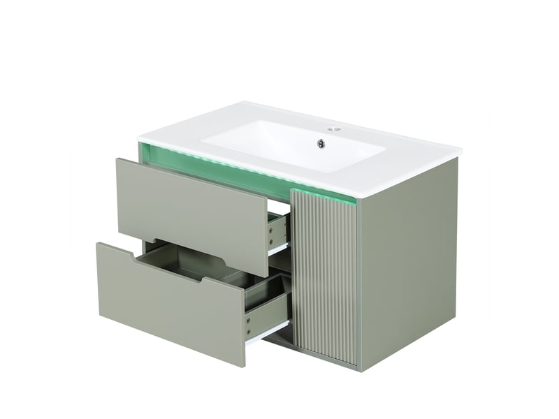 Meuble vasque mural vert 81 cm avec lavabo céramique, led, portes soft-close et étagères réglables - Conforama E