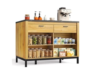 Îlot de cuisine 120cm avec 2 tiroirs et 4 étagères, table de bar style rustique en bois de chêne et marbre noir, meuble de rangement