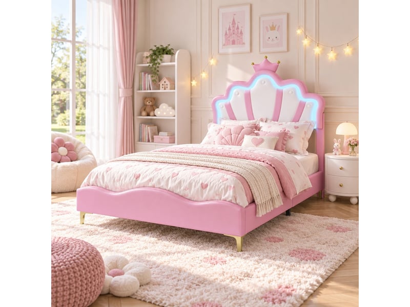 Lit enfant 2 places 140x190 cm, lit double avec tête de lit réglable couronne, led, pu rose et blanc - Conforama D