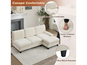 Canapé d'angle l convertible 3 places en tissu beige, dimensions 194 x 118 x 81 cm