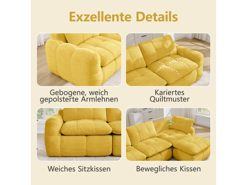 Canapé modulable 3 places en u modenvie avec 2 poufs, sans cadre en acier, mousse haute densité 32d, revêtement chenille jaune, 264 x 160 x 68 cm - Conforama E