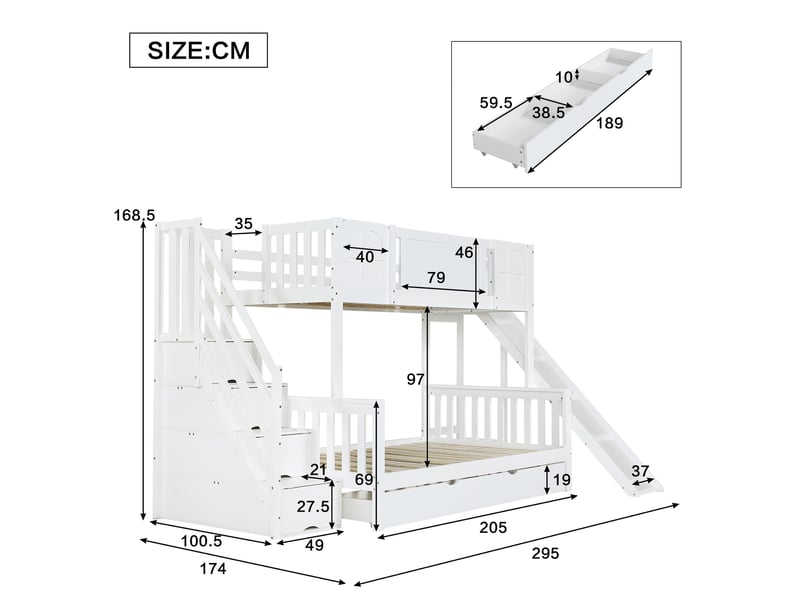  Lit superposé enfant 90 x 200 cm avec 2 fenêtres, toboggan, tiroirs à roulettes, escalier à main courante et 4 casiers, pinmdf, blanc  - Conforama E