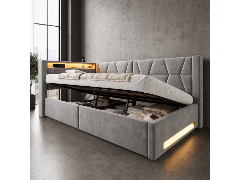  Lit coffre simple 90×200 cm avec led, usb et type-c - okmyhome- en velours gris foncé, sans matelas  - Conforama C