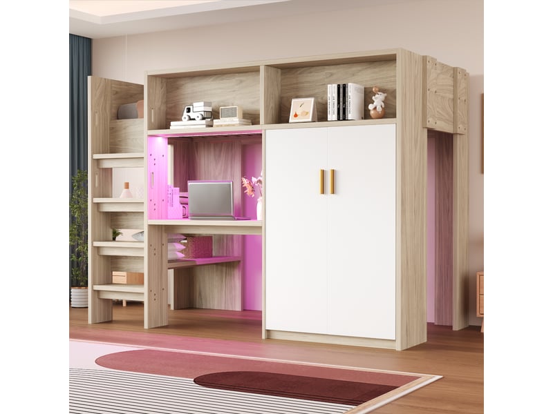  Lit mezzanine enfant 90x200 cm bois naturel, bureau, armoire, étagères et éclairage led IKSETERA TRADING LTD - Conforama B