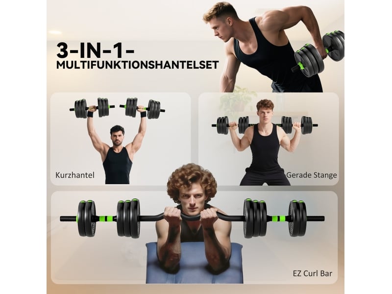 Set d'haltères réglable de musculation 25 kg 3 en 1, 140x22x22 cm – vert – avec barres droite et ez - Conforama E