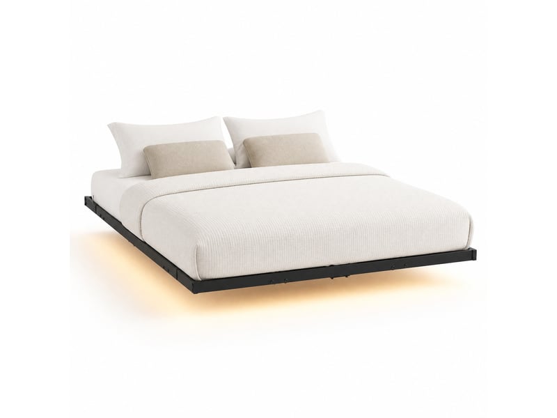 Cadre de lit 120 x 200 cm noir en métal avec sommier à lattes, led et station de charge - Conforama A