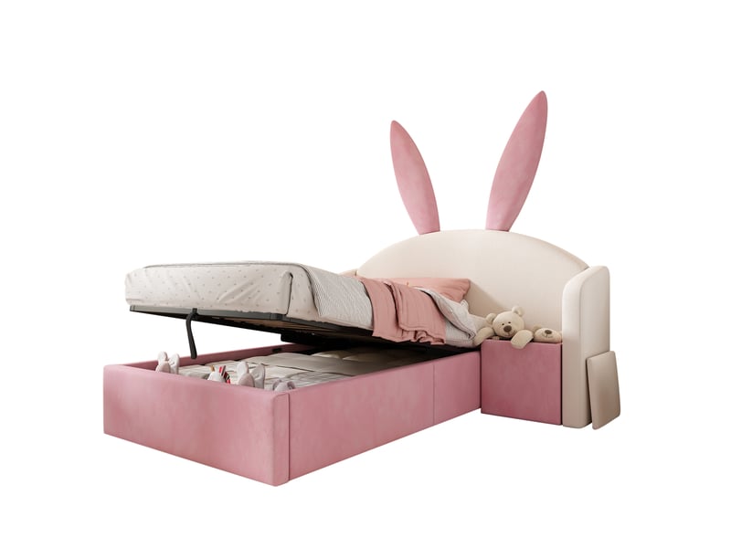Lit enfant 90x190 cm avec rangement hydraulique, chevet réversible beige et rose - Conforama A