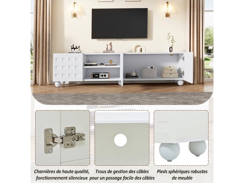  Meuble tv 200 cm blanc 3 portes avec motifs imprimés, pour téléviseur jusqu'à 80 pouces, 5 pieds stables  - Conforama R