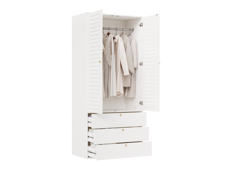 Armoire blanche 2 portes penderie 90x50x200 cm avec 3 tiroirs - portes persiennes modernes - Conforama E