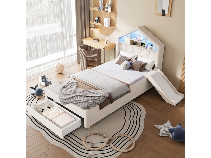  Lit cabane enfant 90x200 cm en velours avec led, chargeur, rangement et toboggan beige chicfurn  - Conforama B