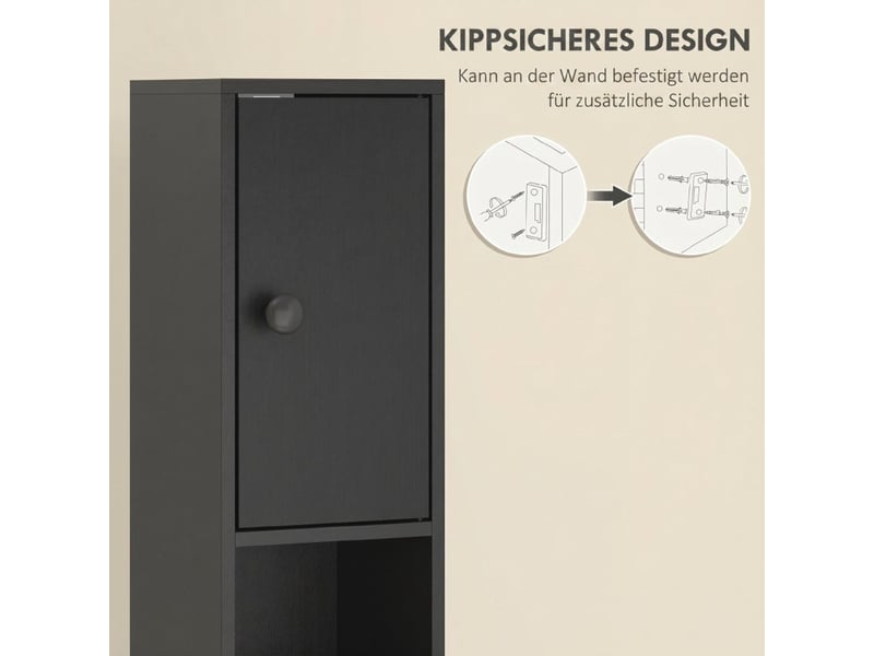  Armoire haute de salle de bain 180 x 20 cm rangement optimisé deux compartiments fermés un tiroir étagères ouvertes réglables panneaux de particules mélaminés noirs fixation murale anti-basculement  - Conforama E