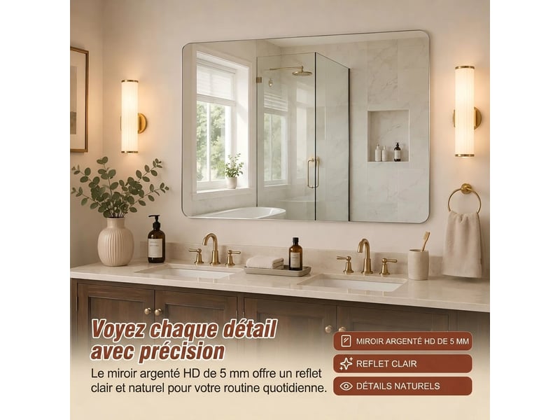 Miroir de salle de bain sans cadre 100x75 cm, hd anti-éclatement  - Conforama E