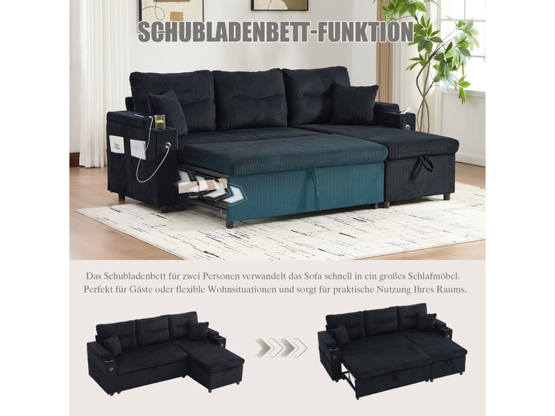  Canapé d'angle convertible 3 places,212.5x136x86cm,tiroir,porte-gobelets,usb-c,canapé-lit en velours côtelé avec méridienne rangement,noir  - Conforama E