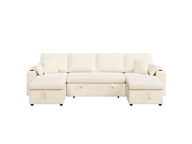 Canapé d'angle en u 270x125x86 cm avec 2 porte gobelets et port usb et rangement intégré convertible en lit chenille beige BUYDEEMEUS - Conforama A