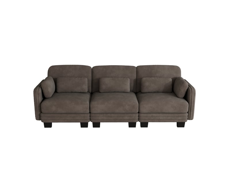 Canapé droit modulable 3 places 253x88x88 cm, coussins de soutien et accoudoirs, chenille, marron - Conforama A