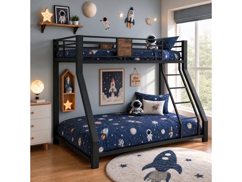  Lit superposé familial en métal noir 90x200 et 140x200 cm, échelle réversible et silencieux  - Conforama W