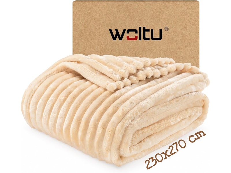  Couverture polaire en flanelle côtelée, 230x270cm, beige, 350 gm², moelleux, léger, plaid pour lit et voyage  - Conforama A