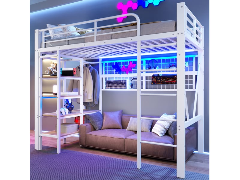  Lit mezzanine 90x200 cm éclairage led et rangements en métal et mdf blanc  - Conforama D