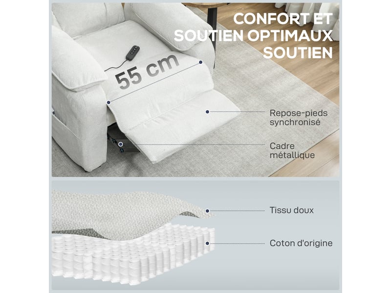  Fauteuil relax électrique fauteuil inclinable port usb repose-pieds poches latérales télécommande beige 86x90x103cm  - Conforama E