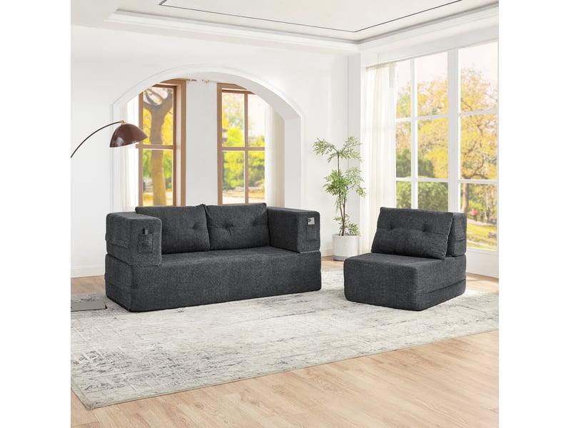  Canapé-lit modulable modenvie 3 places pliable en tissu gris foncé avec fauteuil  - Conforama D