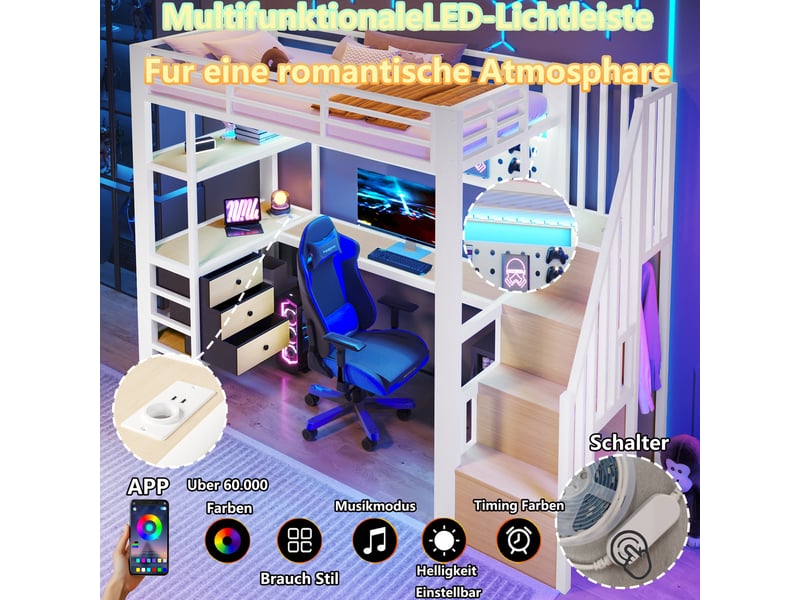  Lit mezzanine métal blanc 90x200 cm avec bureau led tiroir panneau perforé prise  - Conforama B