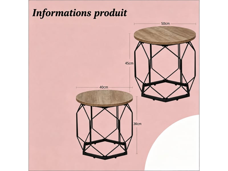  Lot de 2 tables basses rondes – plateaux amovibles – gris effet bois – ø 5040 cm  - Conforama D