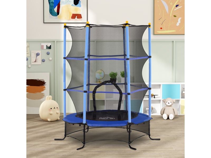 Trampoline enfant ø 1,63 × 1,9h m filet de sécurité porte zipée couvre-ressorts 6 poteaux rembourrés inclus bleu - Conforama B