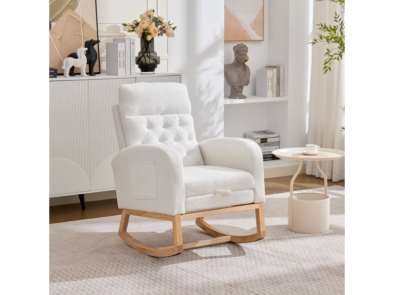  Fauteuil d'allaitement à bascule en bouclette blanc avec repose-pieds, chaise relax scandinave chambre bébé  - Conforama D