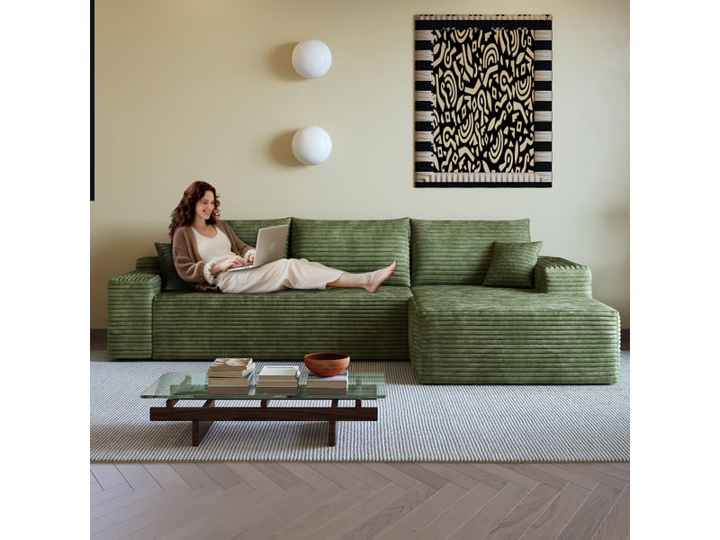  Canapé d'angle modulable 270cm avec méridienne en l - 3 places vert - velours côtelé  - Conforama W