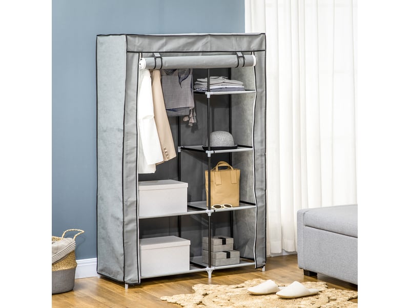  Armoire de rangement en tissu grise 103 x 43 x 162,5 cm, 6 étagères et penderie  - Conforama B