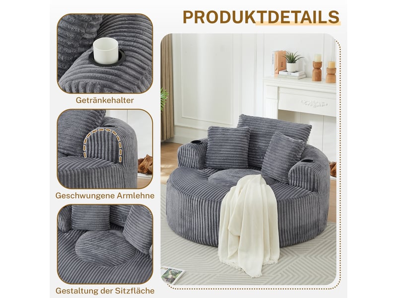  Fauteuil lounge rond en velours côtelé, 3 coussins, 2 porte-gobelets, rangement  - Conforama E