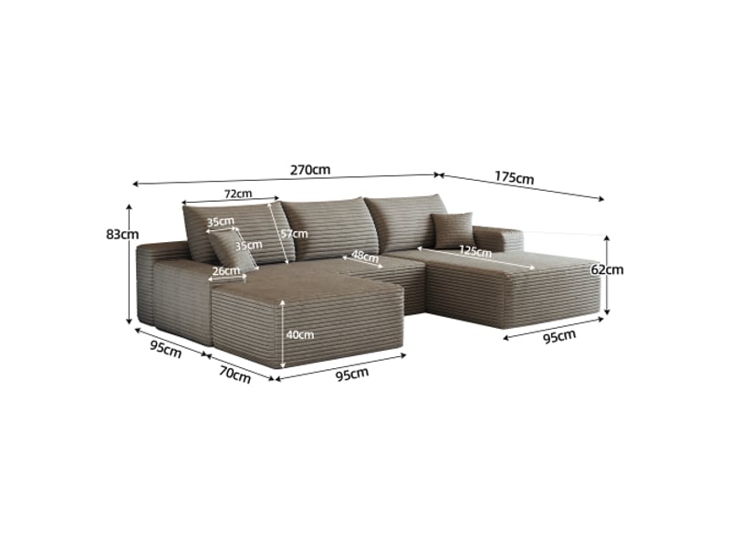  Canapé d'angle modulaire 270 cm en l – chaise longue, assise profonde, sans montage – coloris camel – salon et chambre  - Conforama C