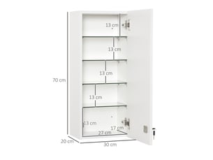 Armoire à pharmacie murale, 30x20x70 cm, verrouillable, mdf, blanche