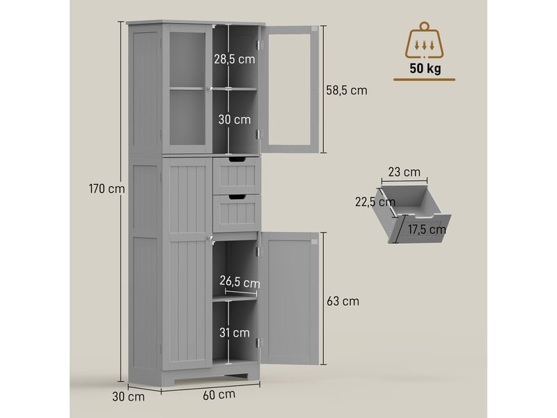  Meuble de salle de bain haut meuble de rangement 60x30x170cm gris  - Conforama E