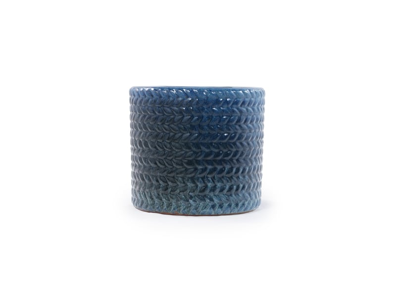  Pot de fleurs rond en céramique ø24,5 cm – bleu foncé brillant – relief chevrons avec trou d'évacuation  - Conforama D