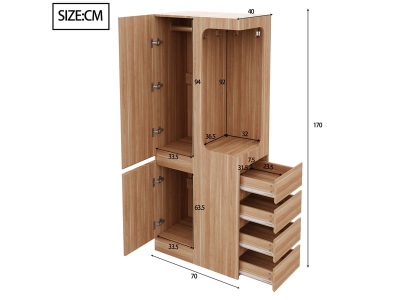  Armoire 1 porte 70 x 40 x 170 cm avec 4 tiroirs et espace penderie blanc bois  - Conforama C