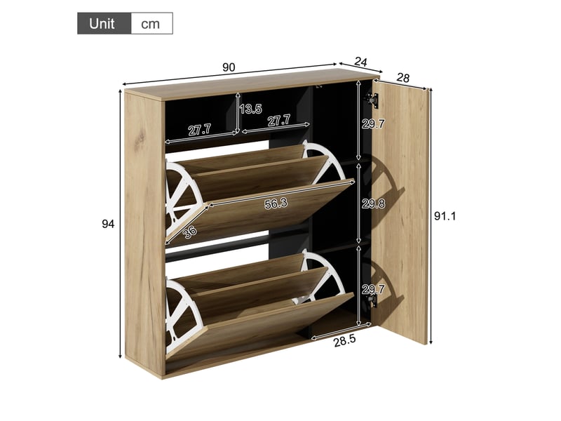  Meuble à chaussures 90x24x94 cm avec 2 abattants et 1 porte noir et naturel  - Conforama C